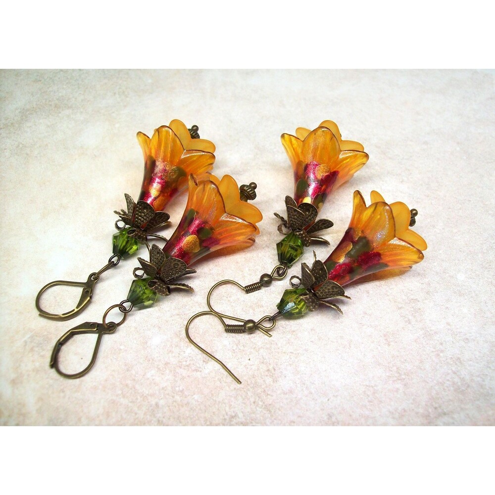 Autumn Earrings Vintage Marigold Flowers Dangle Earrings, Hand Painted, Artisan